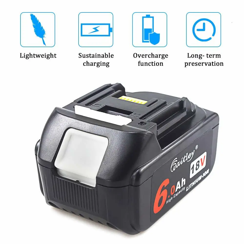 Waitley литий-ионная аккумуляторная батарея для электроинструментов Makita 18V 6000mAh 6.0Ah со светодиодный сменным аккумулятором LXT BL1860B BL1860 BL1850 6A