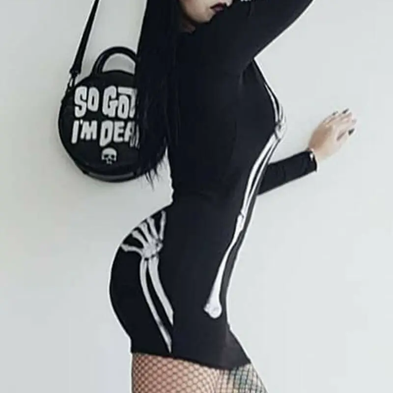 Сексуальное женское черное короткое платье с длинным рукавом рисунком в виде