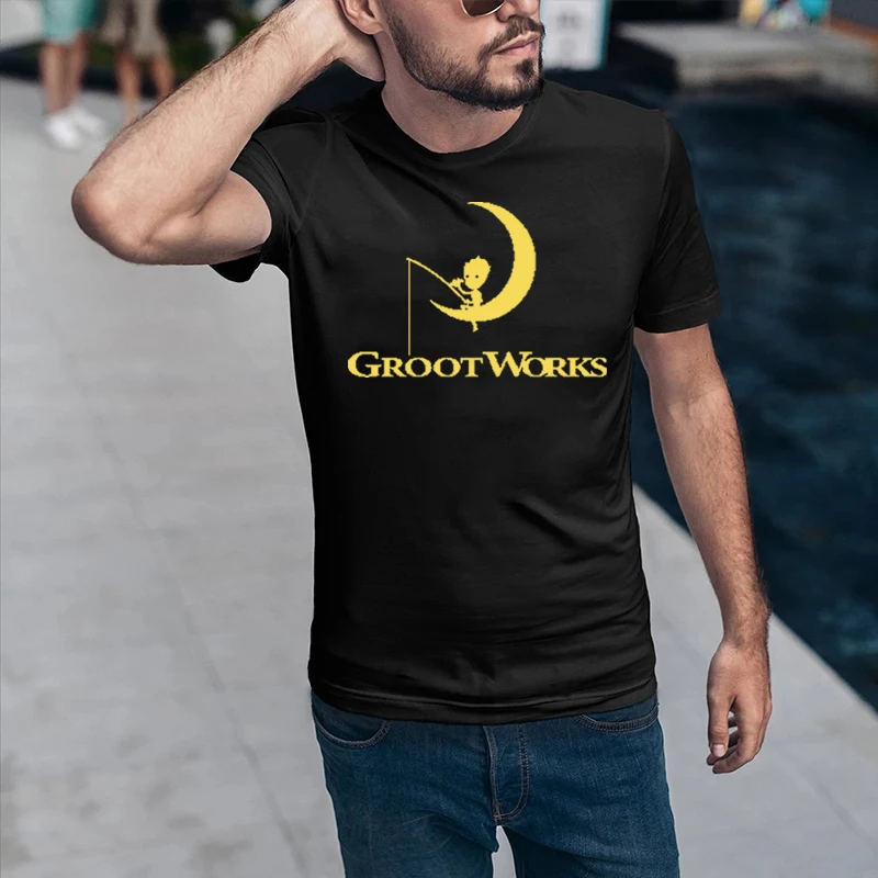 

Funny Baby Groot Printed Mens T Shirt Groot Works Letter Summer Tops Milky Way Guardian Movie Cartoon Cotton Casual Loose Tee