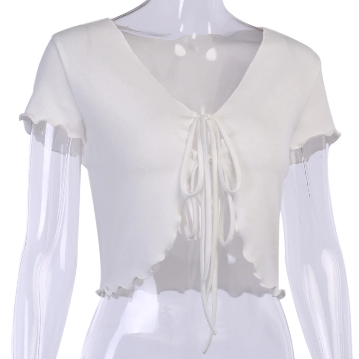 Женская футболка в рубчик с оборками однотонный Укороченный кардиган открытым