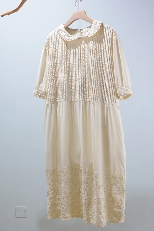 

Summer short sleeve pleated dress solid embroidery Double Pockets Loose dress