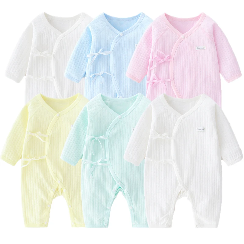 

1/2Pcs Solid Color Baby Romper 100% Cotton Newborn Boy Girl Lace-Up Jumpsuit V-Neck Casual Infant Bodysuit Babies Fall Clothes
