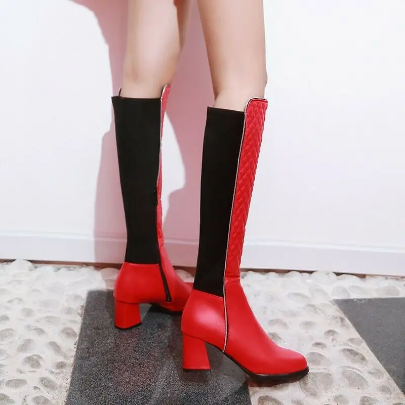 

Ladies Side Zipper Knee High Boots Pointed Toe Med Block Heel Casual Shoes Party