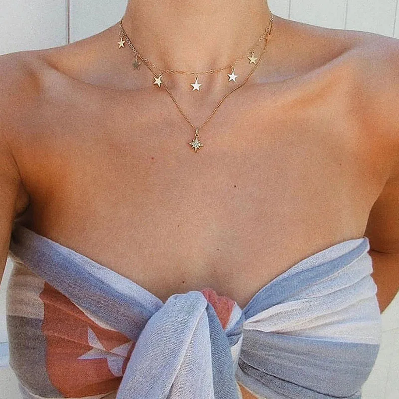 

Женское многослойное ожерелье в богемном стиле, ожерелье с подвеской в виде звезды и кисточки, ювелирные аксессуары, Kpop 2021