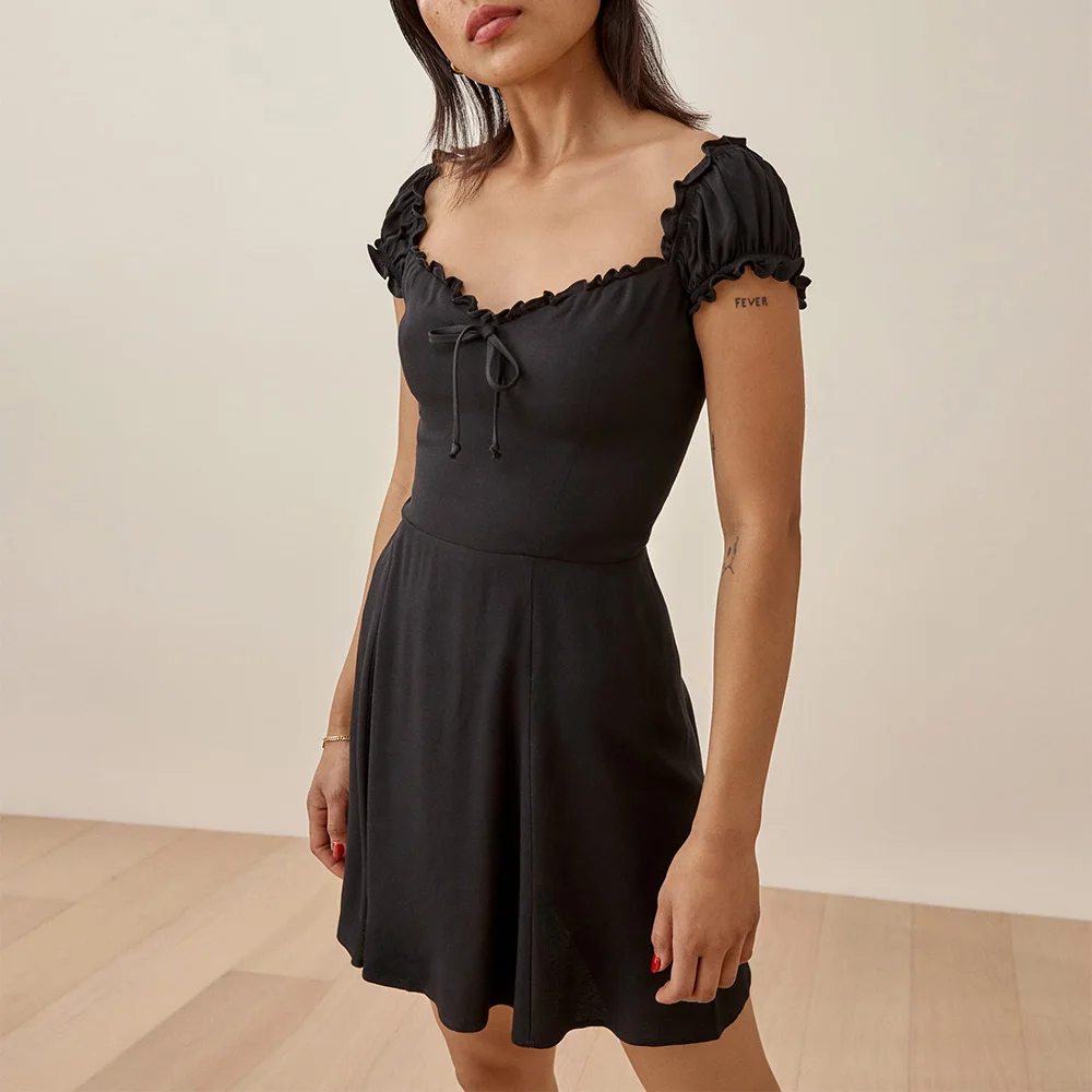 

Женская одежда платье летнее женское2021 с коротким рукавом с пышными рукавами и оборками милая шея галстук бабочка черное платье сексуально...