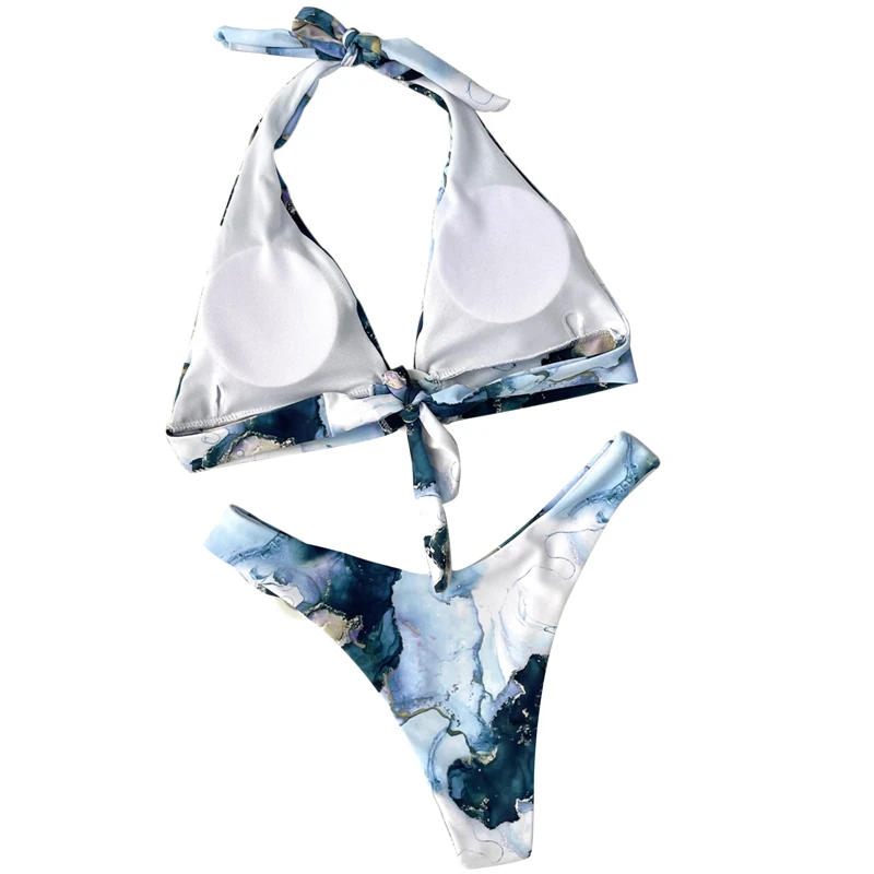 

2021 Fashion Summer Ladies Split Swimwear Set Adults Women Irregular Ink Painting Ring Decor Hanging Neck Sexy Bikini Swimsuit