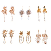 fashion gold floral bridal drop earrings pearls wedding jewelry accessories handmade women earring