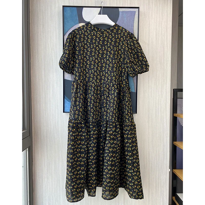 DEAT 2020 round neck puff sleeves flower printed high waist big bottoms franch styles pullover dress female vestido WL76209L | Женская