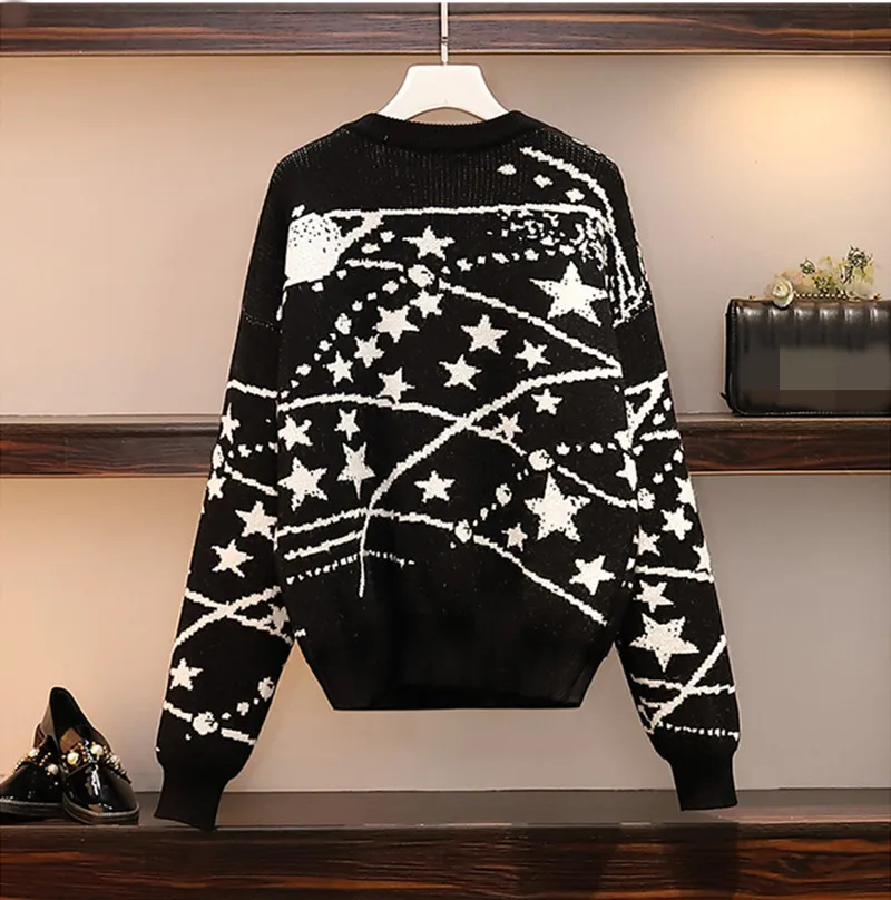 Плюс размер 4XL вязаный свитер сетчатый черный костюм комплект из 2 предметов