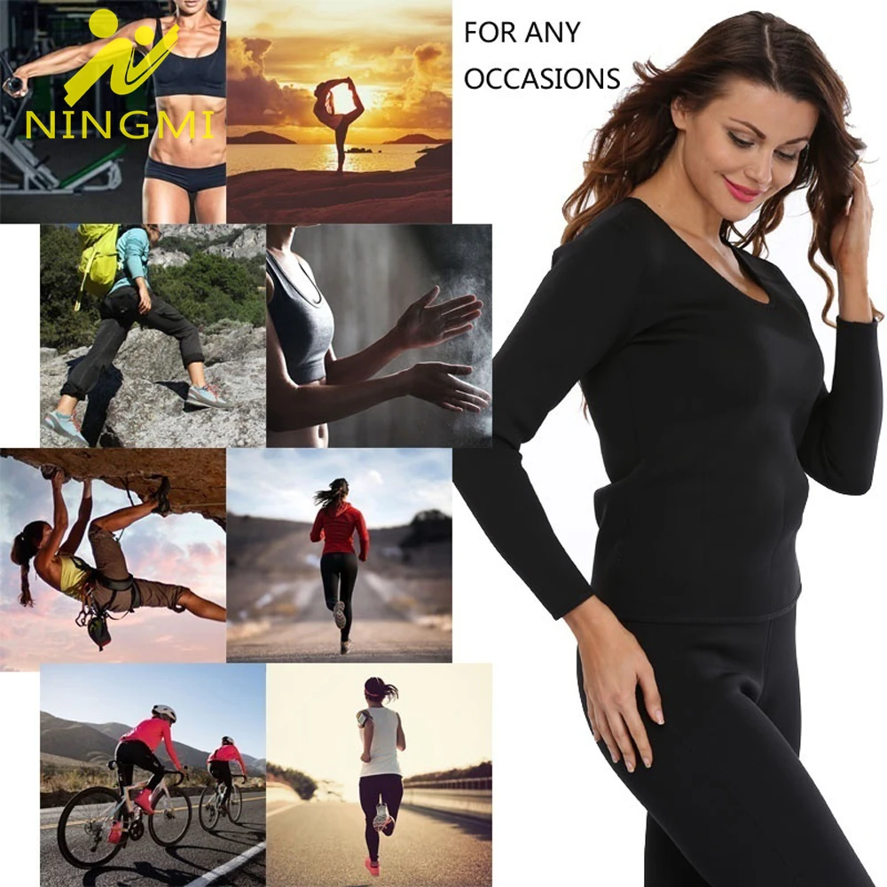 NINGMI Waist Trainer Shapewear Women Sweat Neoprene Hot Slimming Sauna Vest Shirt Long Sleeve Tummy Control Body Shaper Tops | Спорт и