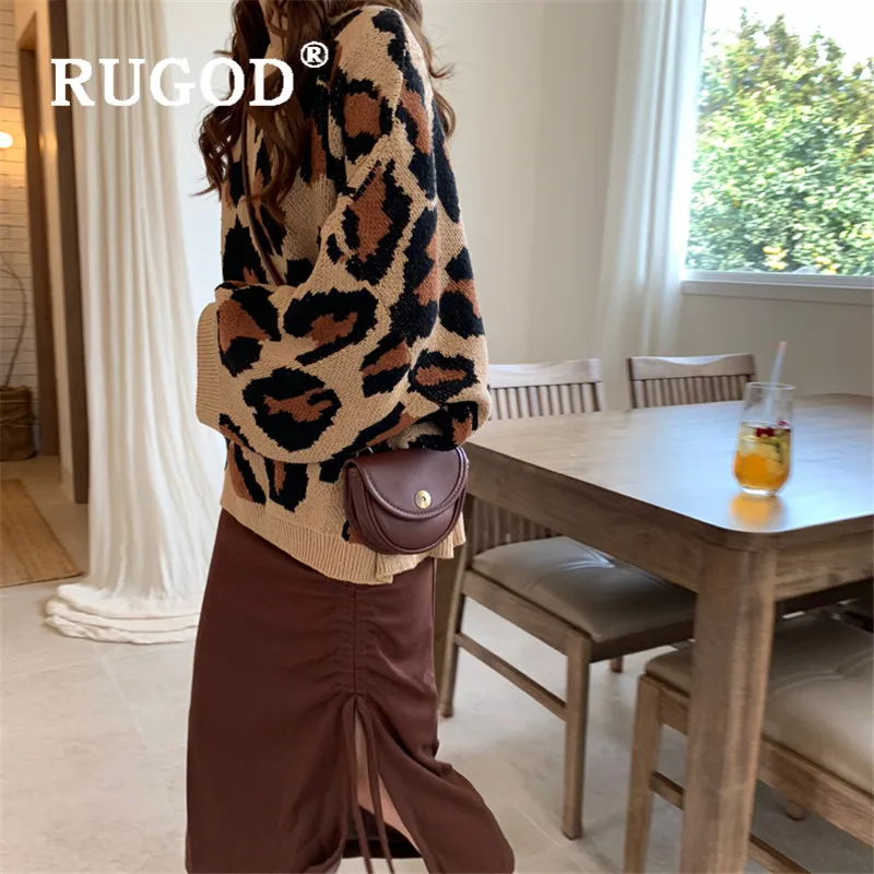 RUGOD 2019New женский леопардовый вязаный свитер с круглым вырезом свободный пуловер