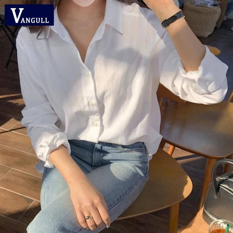 

Vangull White Shirts Women OL Work Wear Plain Tops Casual Loose 2020 Long Sleeve Blouses Lady All-match Elegant Vintage Blusas