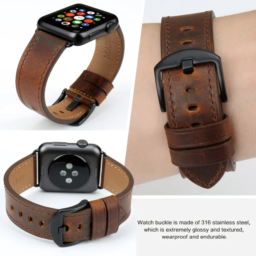MAIKES Watch Accessories Genuine Leather For Apple Watch Band 45mm 44mm 41mm 38mm For iWatch Bands Series 7 6 5 4 Watch Strap