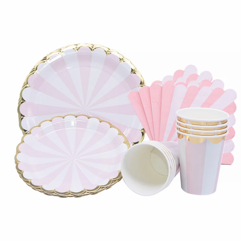 Золотистая розовая полосатая одноразовая посуда бумажная тарелка чашка для