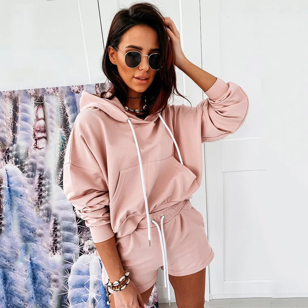 

Autumn Spring Women Tracksuits Solid Long Sleeve Hoodies Sweatshirt+Lace-up Shorts Sportswear