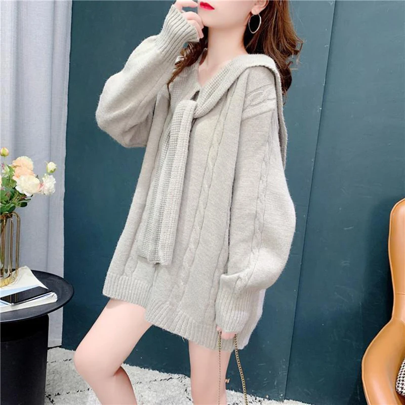 

DAYIFUN Sweater Oversize Solid Sailor Collar Pullover Knitted Korean Fashion Jumper Lantern Long Sleeve Top Warm Winter Clothes
