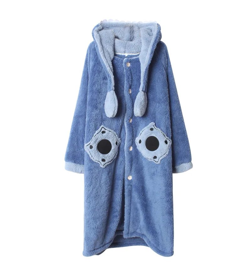 Animal Stitch Kigurumi Flannel Robes Long Sleeves Sleepwear Blue Cartoon Hooded Bathrobe Women Men Flannel Sleepwear Pajamas