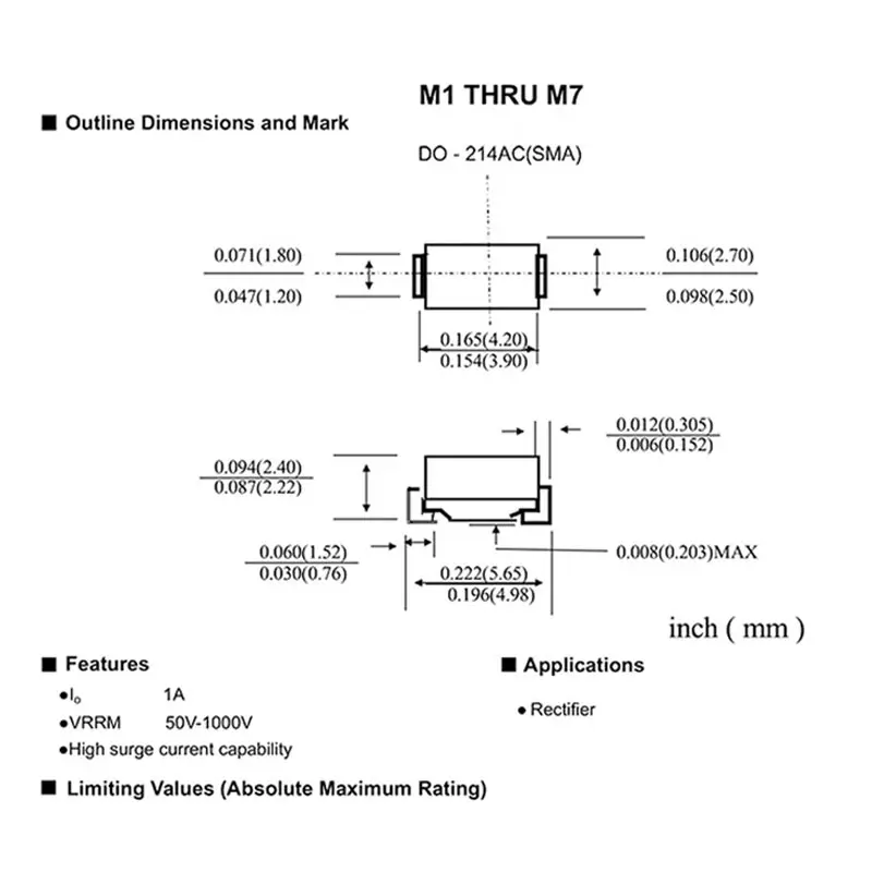 50 шт. SMD выпрямительный диод M7F M7 M4 M2 M1 1A с алюминиевой крышкой 50В 100V 200V 400V 600V 800V 1000V