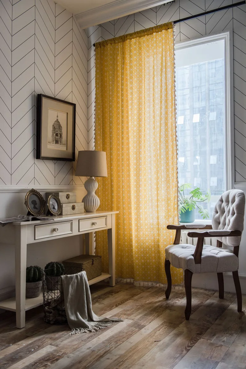 Шторы с нордическими кисточками желтые постельное белье из хлопка