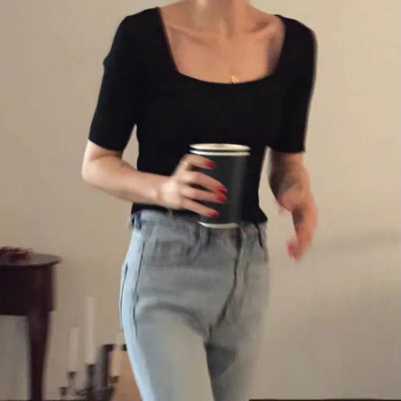 

Вязаный кашемировый тонкий футболка с короткими рукавами Летние черные офисные женские туфли с короткими рукавами рубашка с квадратным вы...