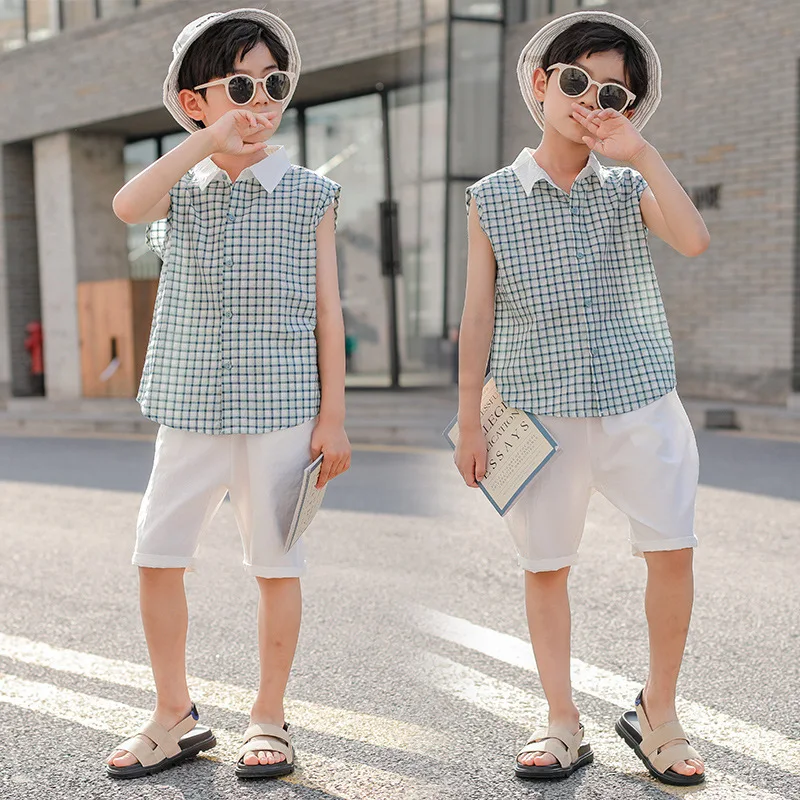 Kids Boys Clothes Set Summer 2020 Plaid Sleeveless Shirts Tops & Pants Children Outfits Sports Clothing For 2 Pcs Sets |