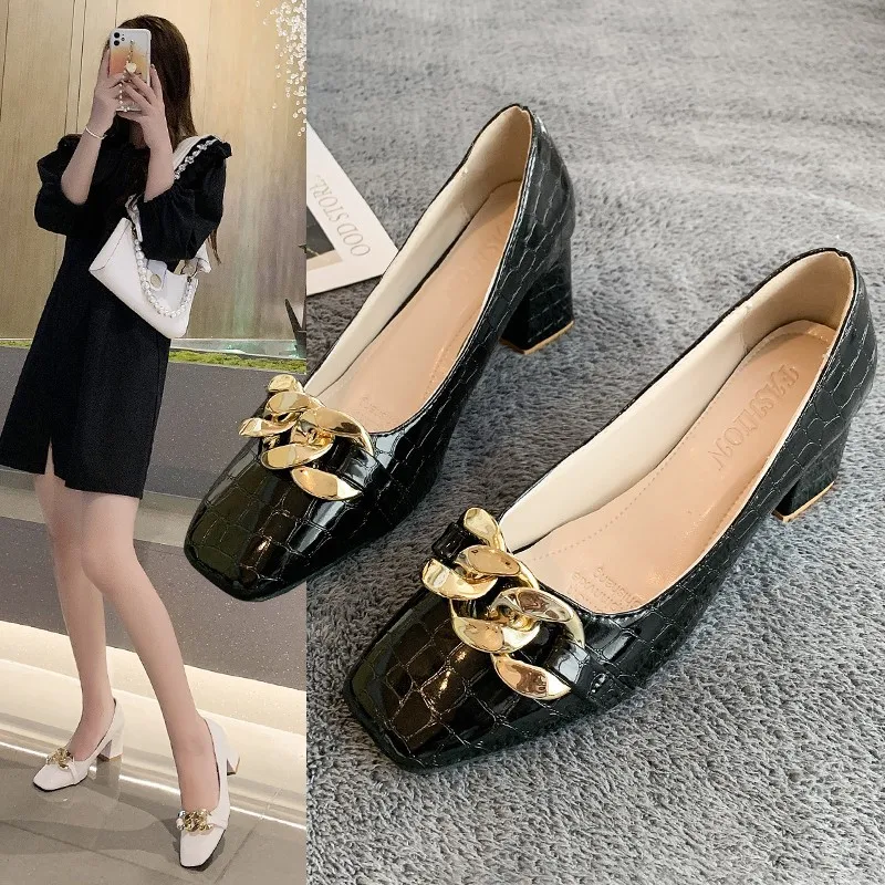 

Туфли женские на высоком каблуке, шероховатые, квадратный носок, однотонные, новый дизайн, удобная кожаная обувь, весна-осень 2021