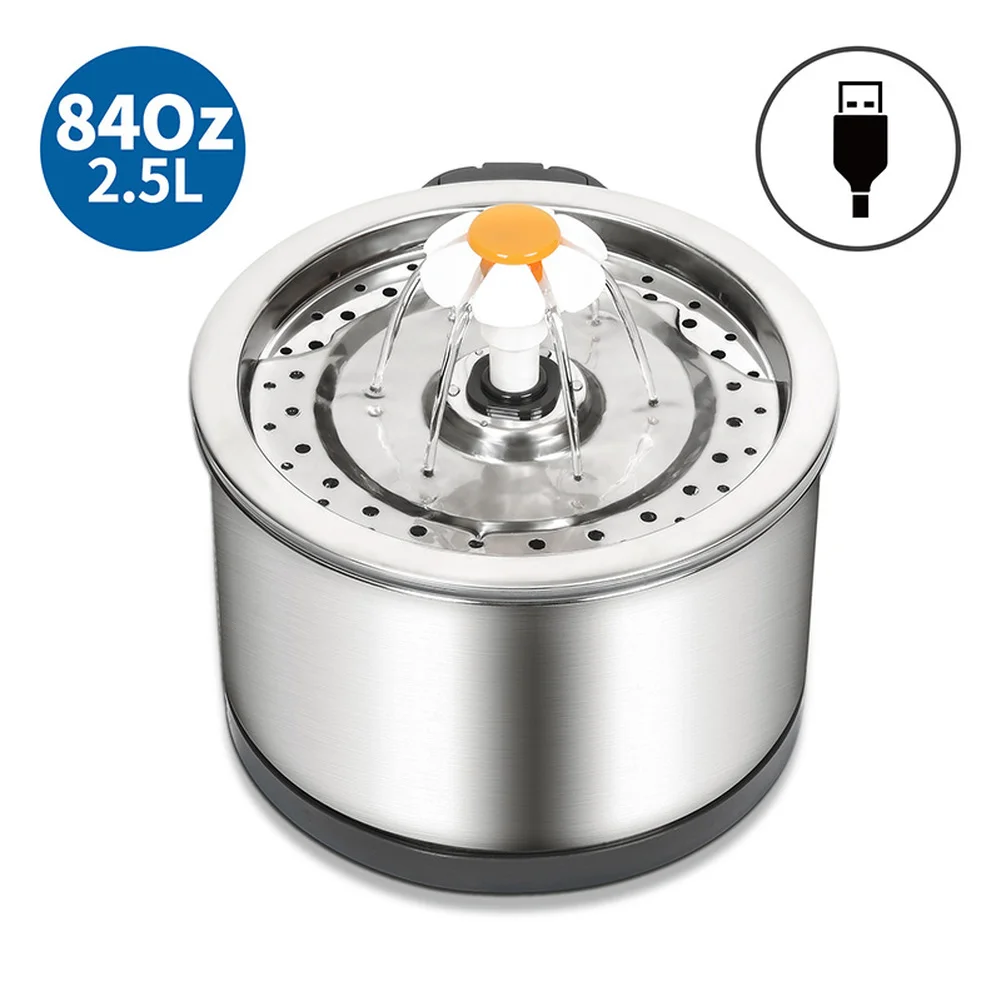 

2.5L Automatic Pet Cat Water Fountain Stainless Steel with LED Light Drinking Recirculation and Filtration System Ultra Quiet