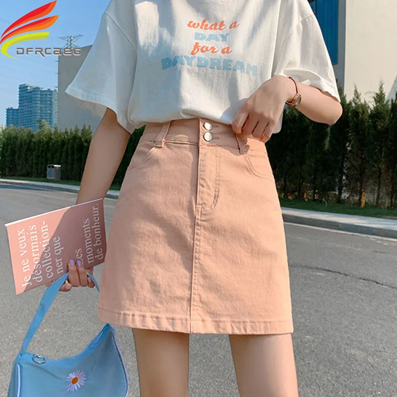 

Юбка женская джинсовая трапециевидная, Повседневная универсальная юбка из денима, с завышенной талией, с карманами, на пуговице, карамельны...