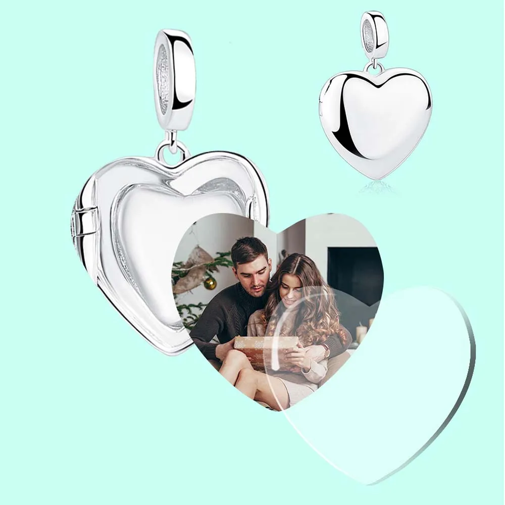 

Authentic 925 Sterling Silver Charm Bead Personalized Photo Heart Pendant Charm Fit Original Bracelets Women DIY Wedding Jewelry