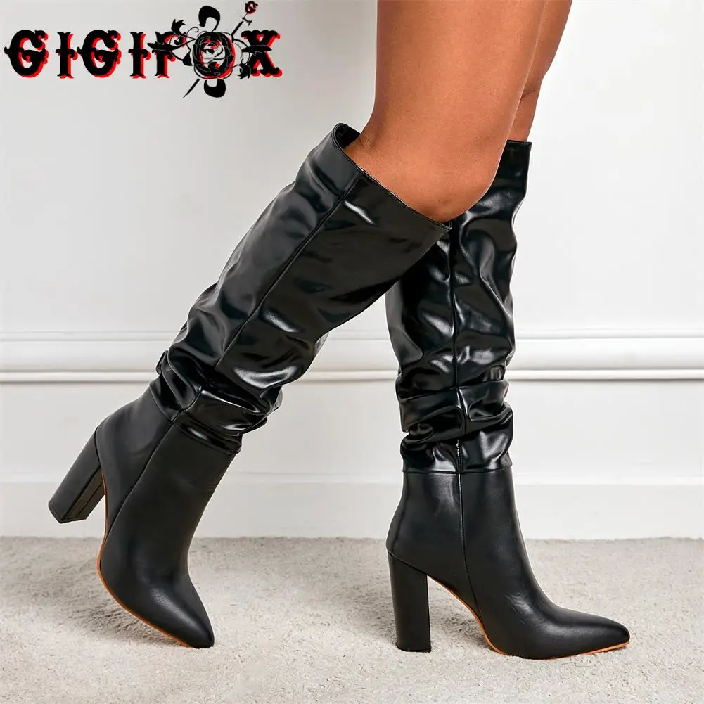 

Женские брендовые сапоги до колена GIGIFOX, Элегантные Дизайнерские Сапоги с острым носком, без застежки, на высоком каблуке, вечерняя Обувь, бо...