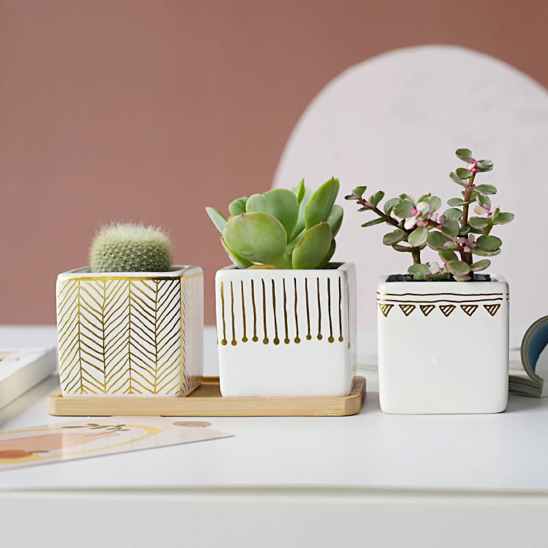 

Square Golden Striped Ceramic Flower Pot Ornament Plants Pots Room Desktop Decor Decoration Artware Home Decoration Accessories