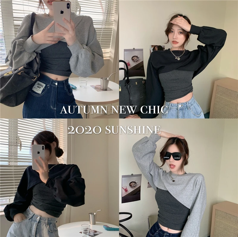 

Irregular Design Niche Western Style All-Matching Long Sleeve Short Sweater Slim-Fit Figure Flattering Sleeveless Bottoming