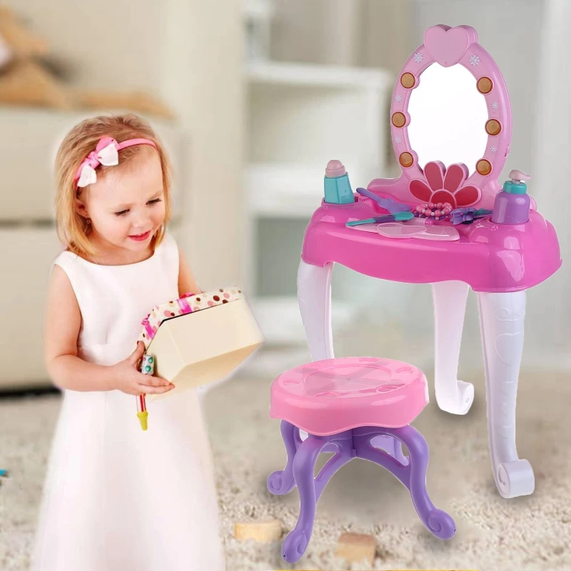 

Kids Beauty Makeup Dressing Table Pretend Play Toy Set with Mirror Lights Music