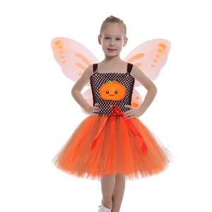 Orange Brown Girls Autumn Dress Kids Party Dresses Halloween Christmas Costume Butterfly Fairy Costume Tutu Dress and Wings