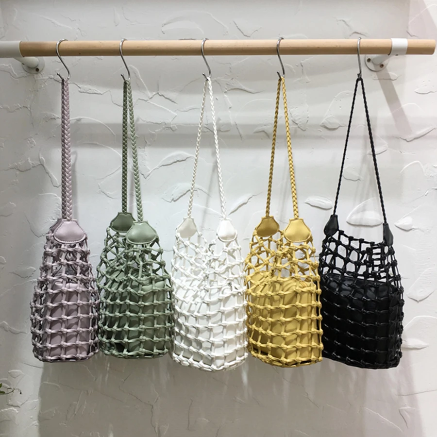 

Casual Women Weave Hollow Out Bucket Bag 2021 Summer Luxury Designer Handbag PU Leather Shoulder Crossbody Bags Women's Bag