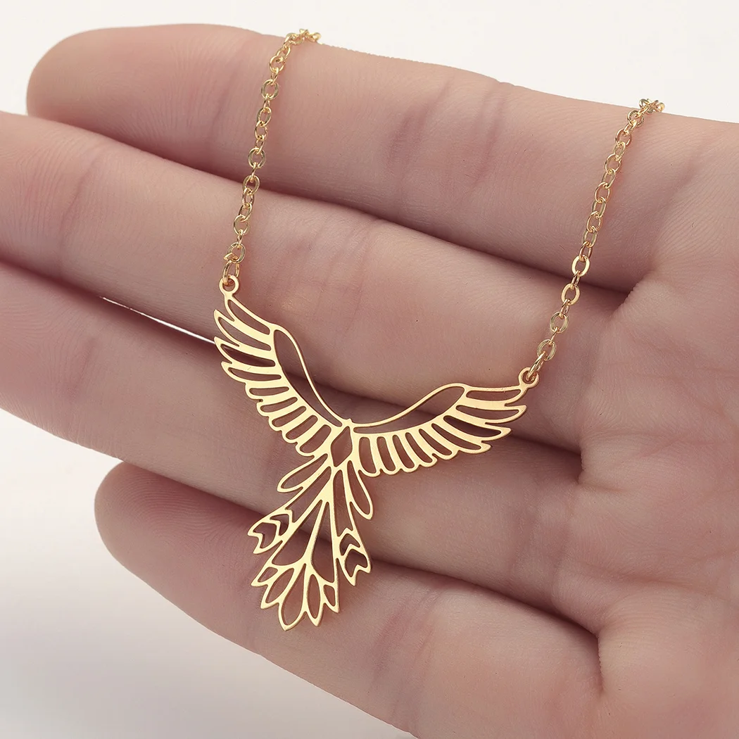 

Kinitial Stainless Steel Phoenix Necklace Charm Origami Animal Bird Wing Pendants Necklaces Gift Chain Chokers for Femme Bijoux