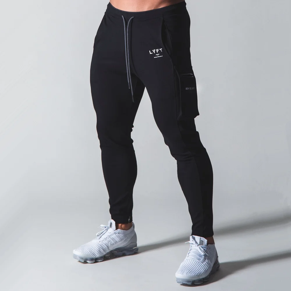 Черные хлопковые штаны для бега мужские осенние спортивные брюки облегающие