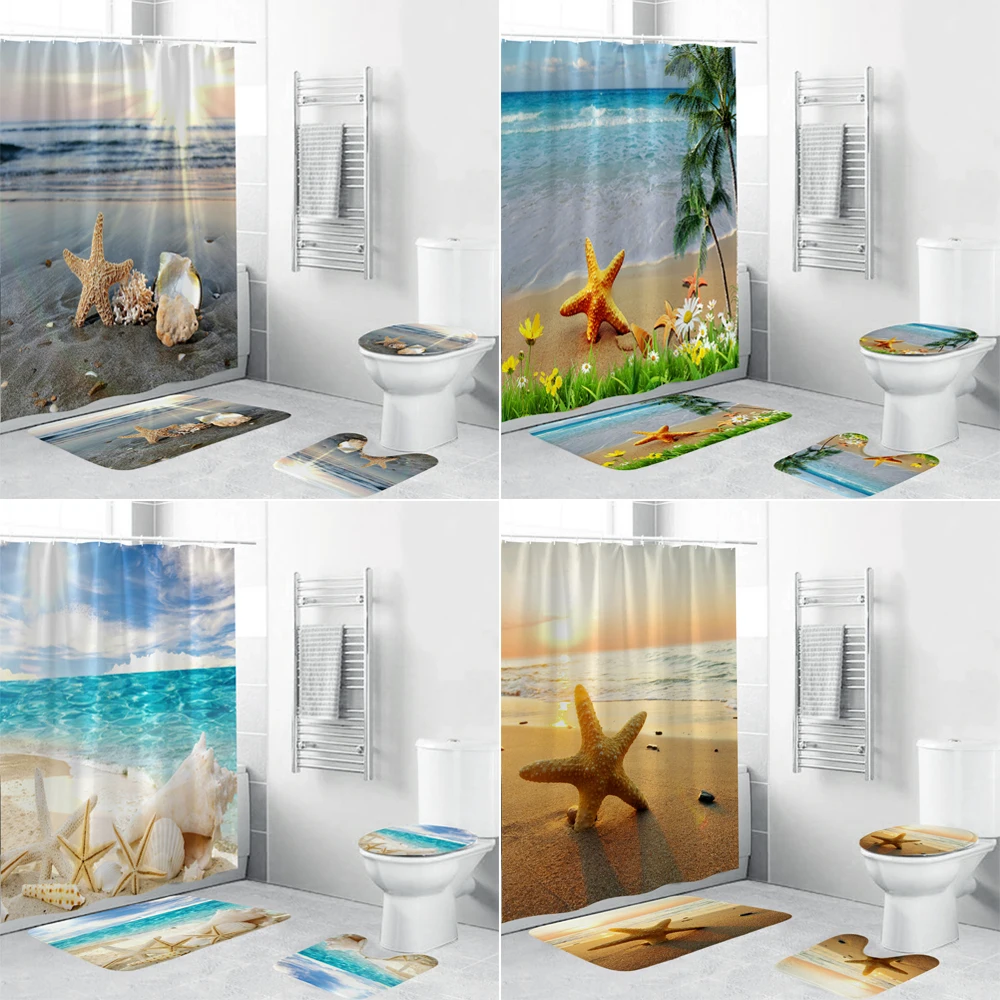 

Beach Style Shower Curtain Dusk Coastal Shell Starfish Bath Curtains Set Non Slip Toilet Lid Cover Bath Mat Sets Home Decor