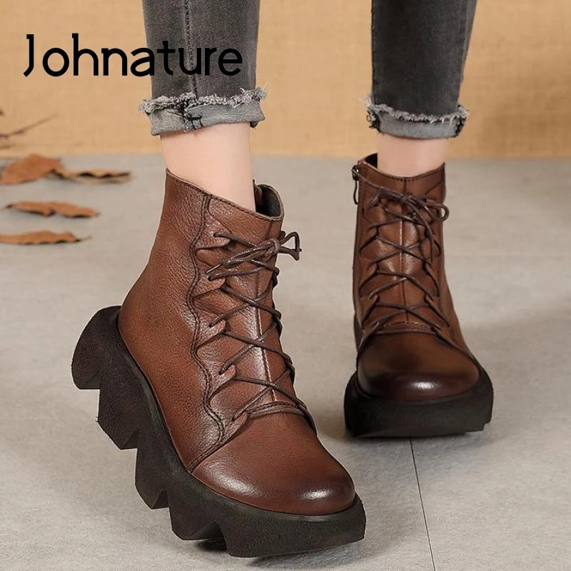 

Johnature Genuine Leather Shoes Women Boots Zip Round Toe Retro Leisure 2022 New Sewing Wedges Concise Ankle Platform Boots