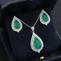 funmode 3pcs fashion green waterdrop pendant necklace ring earring sets for women party jewelry gifts wholesale fs34