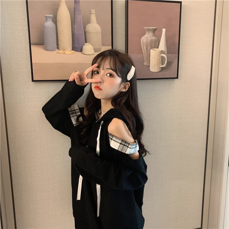 Япония Косплей каваи толстовки Harajuku Лолита милые с открытыми плечами клетчатые женские розовые Кофты модные на шнуровке Сексуальные Девушки пуловер