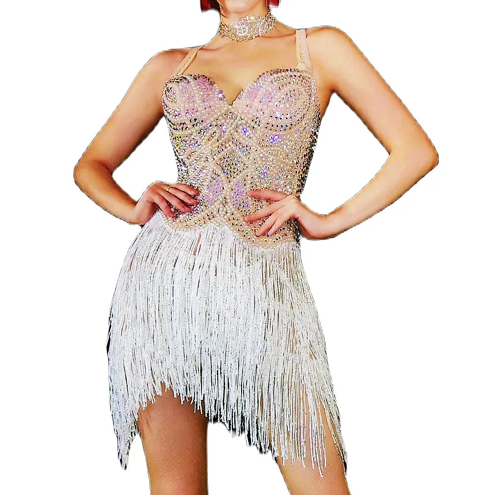 

White Crystals Fringe Sparkly Rhinestone Short Dress Sleeveless Backless Women Dress Nightclub Singer Stage Wear Birthday Outfit