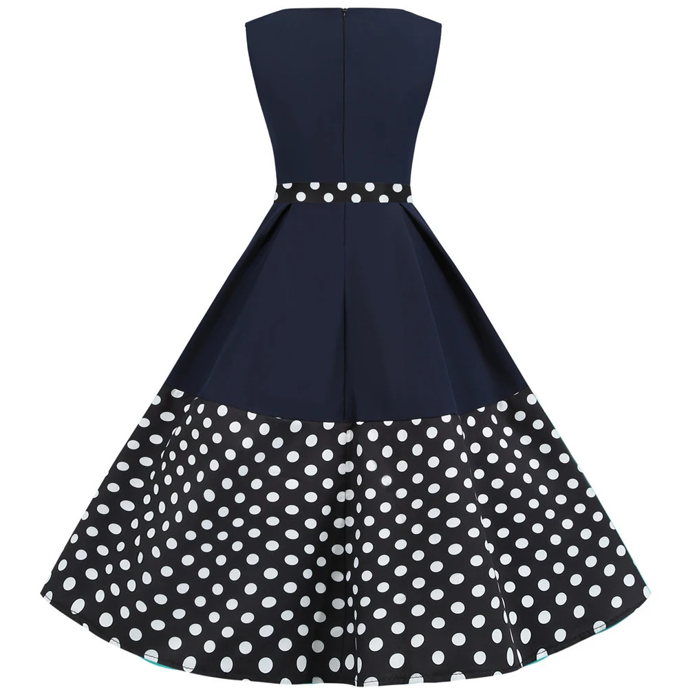 

Summer Women Elegant Vintage Midi Dress Polka Dots Solid Patchwork A-line Sleeveless Party dress Plus Size Vestidos Femme QY0881