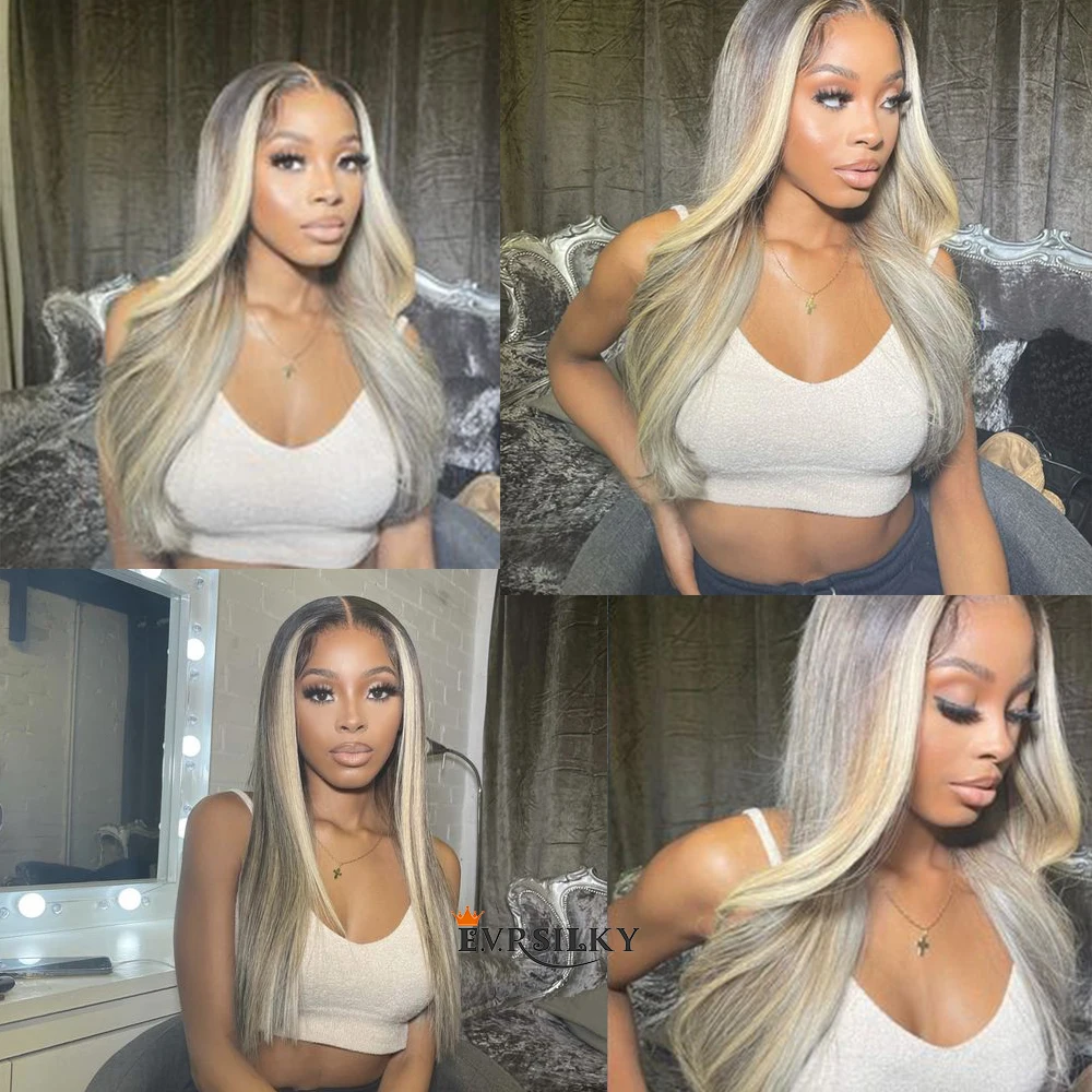 

Full Density Ash Blonde Lace Front Wig Straight Ombre Highlights Platinum Blonde Grey 13x6 HD Lace Frontal Wigs Pre Plucked