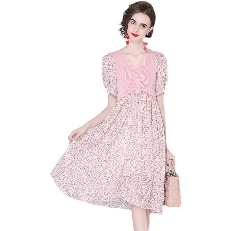 

Palace Style Knit Stitching Pleated Dress Women V Neck Puff Sleeve Elastic Waist Slim Elegant Clothes Pink Blue
