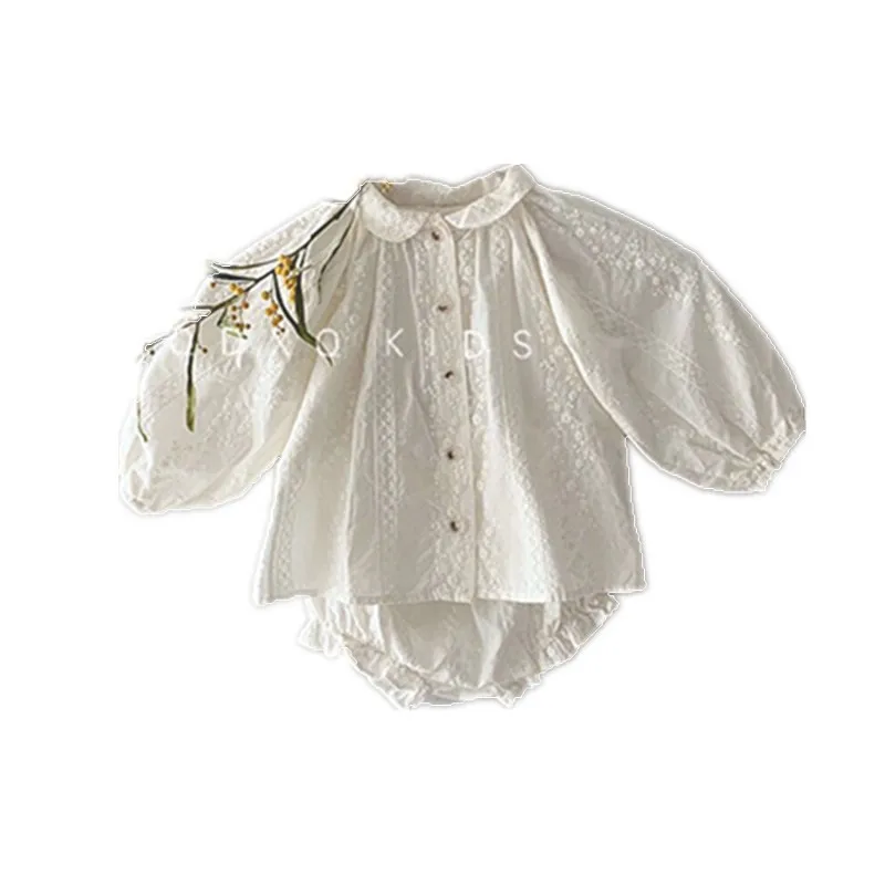 

Korean Children's Spring Cute Princess Embroidered Lapel Shirt Girls White Sweet Top and Shorts