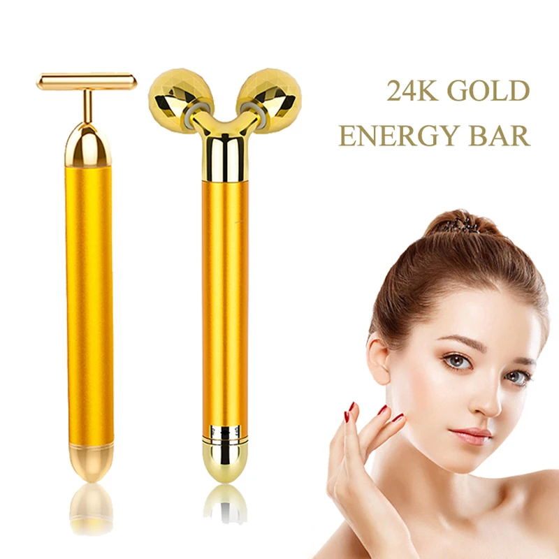 Электронный вибрирующий массажер для лица Gold Energy Bar портативный роликовый