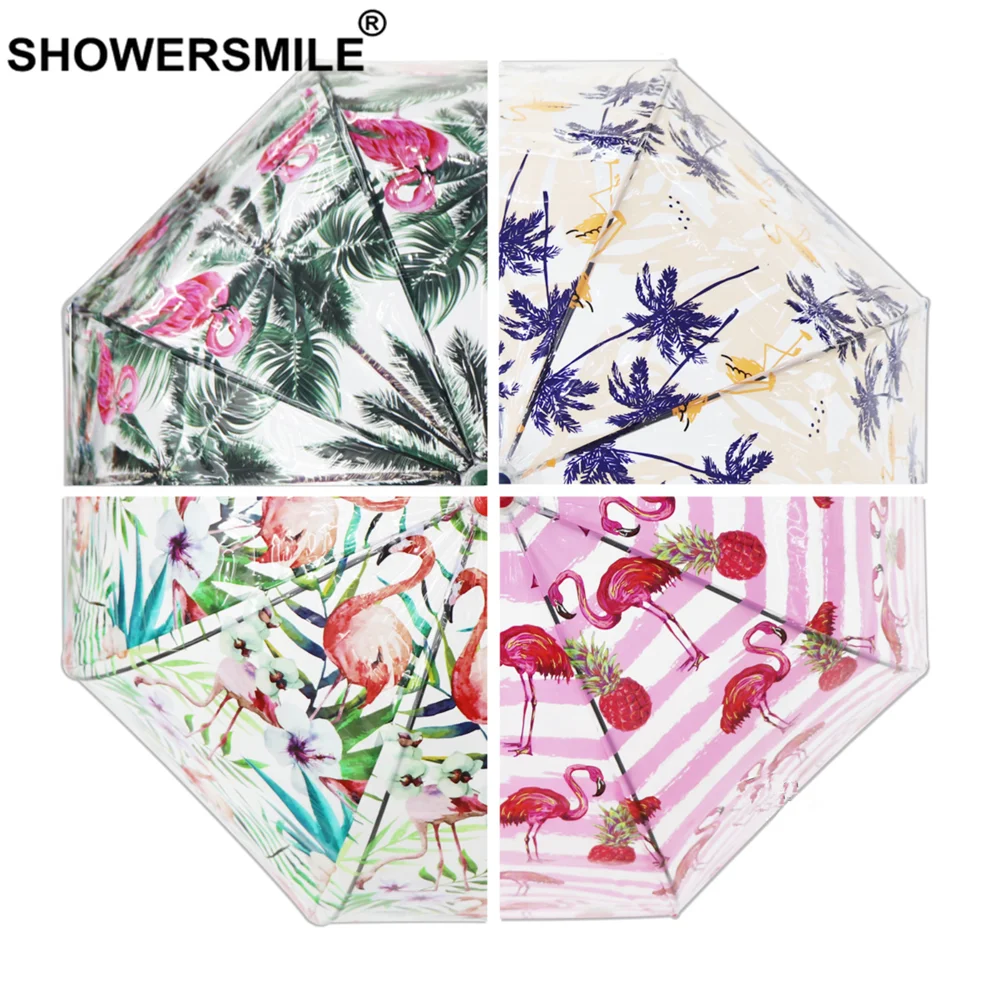 SHOWERSMILE прозрачный дождевой Зонт Прозрачный женский зеленый прозрачный зонтик с принтом Фламинго висящий зонтик с длинной ручкой Apollo