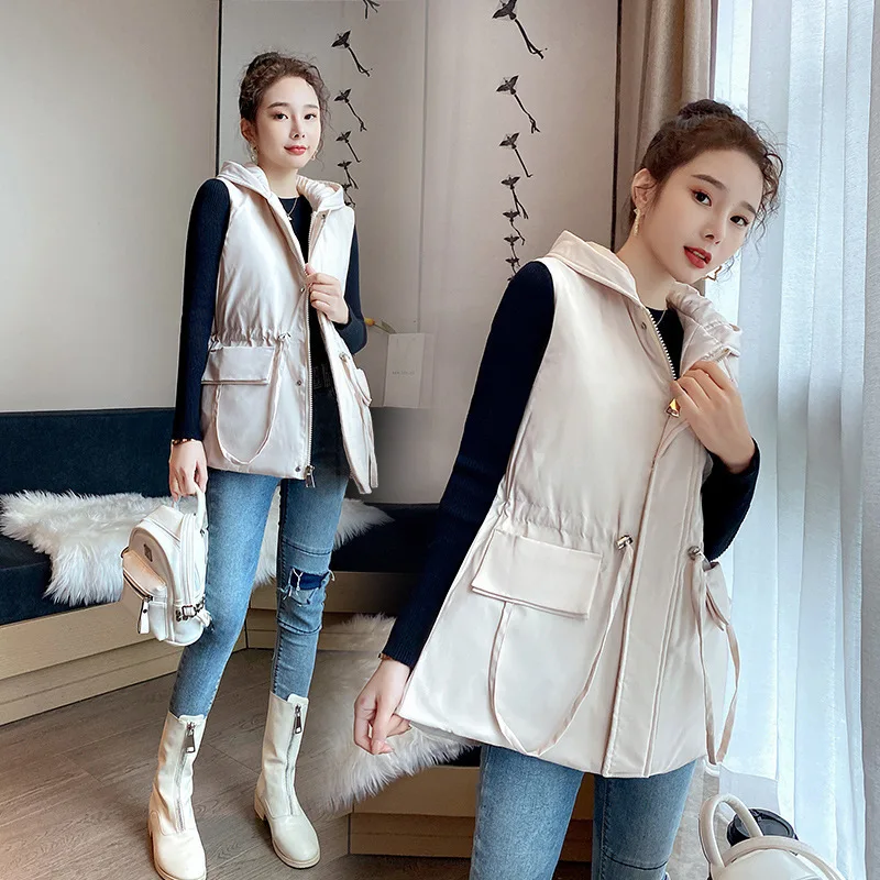 

Solid Color Hooded Stand-up Collar Women Jacket Autumn Winter New Ladies Cotton-padded Jacket Waist Drawstring Waistcoat Jacket