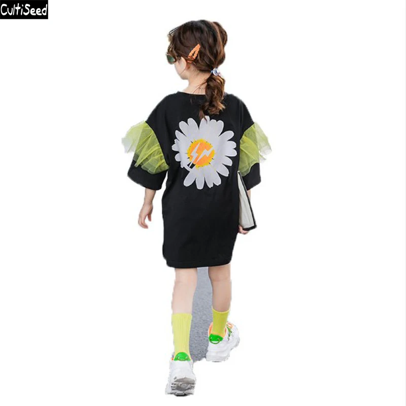 

Girl Loose Casual T-Shirts Dress Big Children Girls Sun Flower Print Short Sleeve Dress Kids Cute Mesh Patchwork Tees Dresses